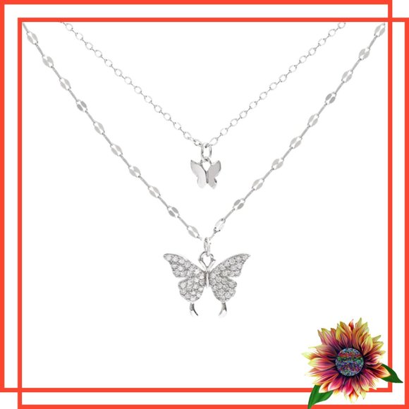 Ivy Sparkle and Stone Jewelry - 925 Hallmark Silver Butterfly Double Chain Necklace